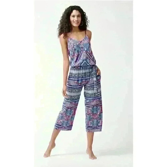 TOMMY BAHAMA Riviera Tiles Sz. Med. Cropped Romper Jumpsuit Beach Cruise‎ Party - Picture 3 of 15